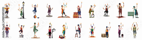 Large collection of flat vector illustrations featuring various male circus performers juggling fire torches in vintage costumes on white background.