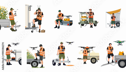Professional men in safety gear operating industrial drones for agriculture and surveying, collection of vector illustrations isolated on white.