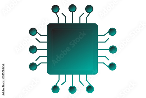 The illustration features a central square integrated circuit (IC), or CPU, rendered in the signature deep teal and emerald green gradient.