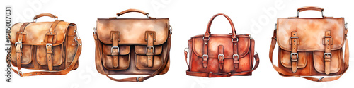 Four leather satchels with buckles and straps are displayed on a black background