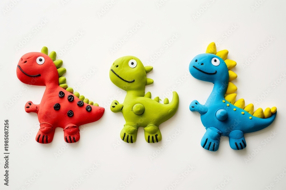 Fototapeta premium cute dinosaurs plasticine red blue green 2d simple shapes bright colors isolated on white background playful kids concept