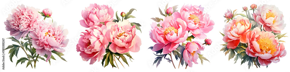 Naklejka premium Beautiful arrangement of pink peony flowers isolated on black background, floral decoration