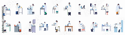 Collection of diverse scientists and lab technicians conducting research and experiments with microscopes and medical equipment in a modern flat vector style.