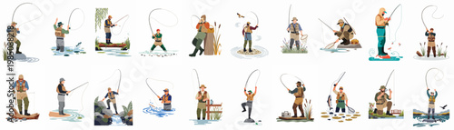 Set of 18 diverse vector illustrations depicting men fly fishing in various outdoor landscapes with different gear and techniques.