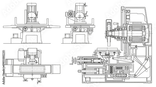 Grinding Machine Technical Drawing Blueprint, Front Side Top and Internal Cross-Sectional Views Line Art Vector
