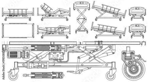 Hospital Bed Technical Drawing Blueprint, Front Side Top and Internal Cross-Sectional Views Line Art Vector