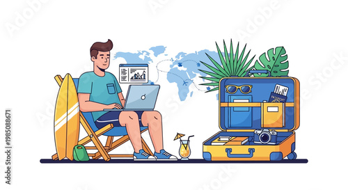 Man sitting with laptop and luggage.