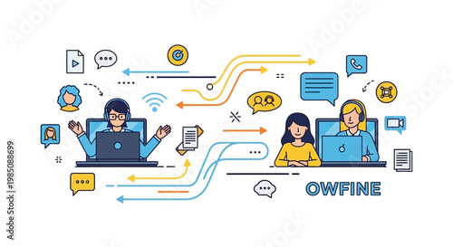 People working on computers together online.