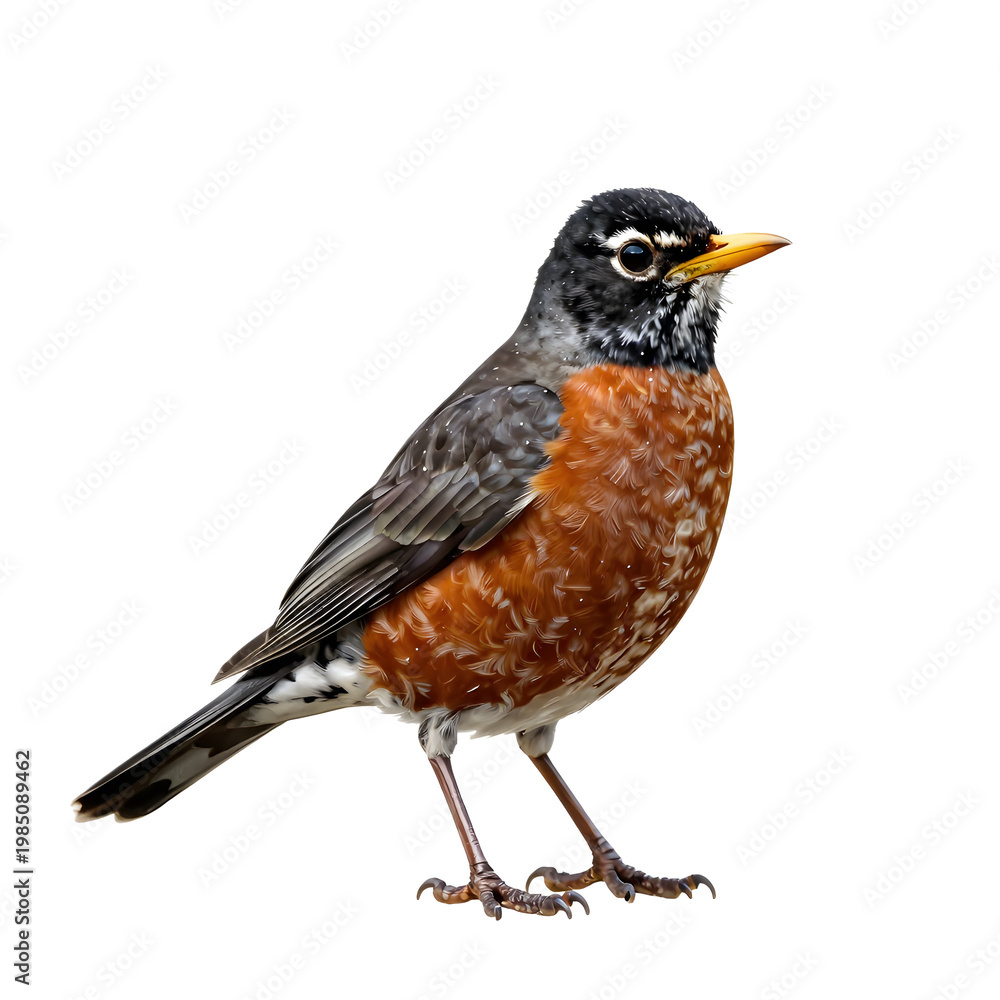 Fototapeta premium American robin perched on its feet against a black backdrop in a digital painting
