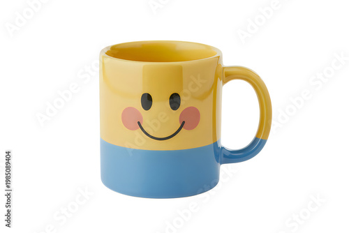 Yellow and blue ceramic mug with smiley face yellow mug