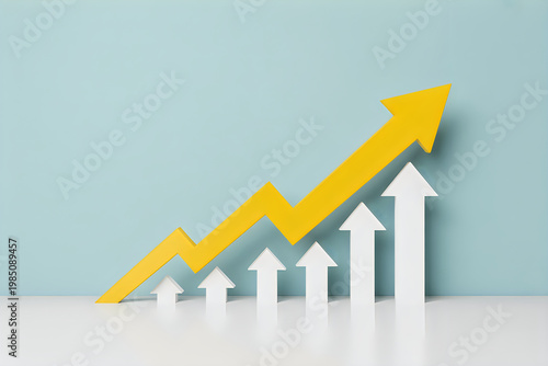 Yellow arrow rises above white arrows on light blue background