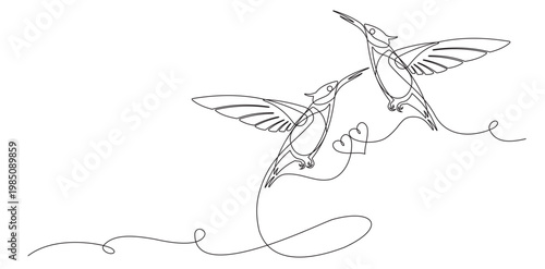 continuous line drawing of a pair of hummingbirds symbolizing freedom, joy, and sincerity of love, vector image