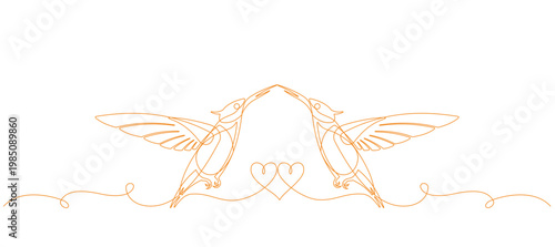 continuous golden line drawing of a pair of hummingbirds symbolizing freedom, joy, and sincerity of love, vector image