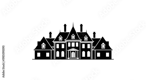 Large Victorian Style House Silhouette Architecture.