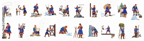 Set of illustrations depicting Sami people in traditional Gakti dress performing cultural activities like reindeer herding, ice fishing, and drumming against a white background.
