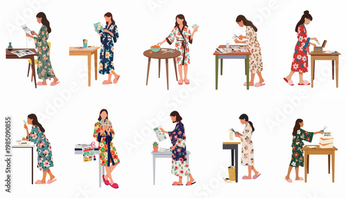 Flat illustration set of a woman in floral robes managing, cutting, and organizing discount coupons at home for smart shopping and household budgeting.
