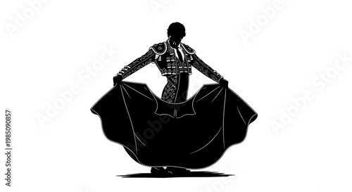 A black silhouette of a matador in a dramatic pose with a large cape