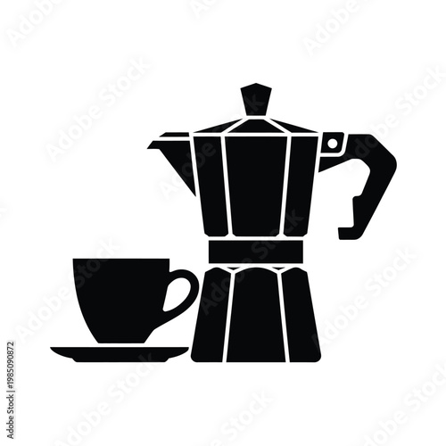 Black silhouette of a moka pot with a coffee cup and saucer