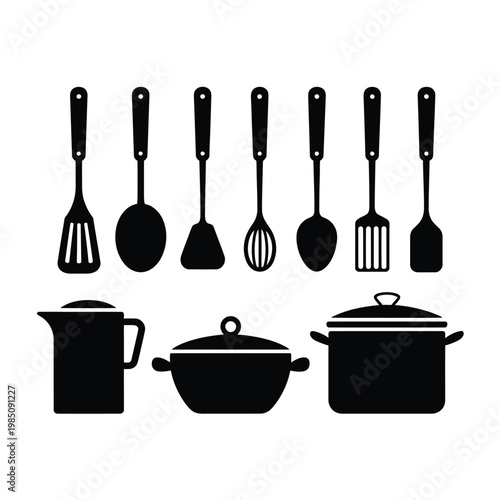 Black silhouettes of various kitchen utensils and cookware displayed neatly