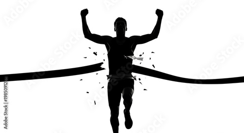 A triumphant athlete crosses the finish line in a dynamic and celebratory pose, symbolizing victory and achievement.