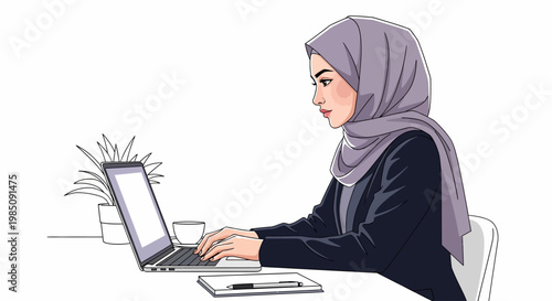 Woman wearing hijab using laptop computer.