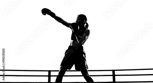 A female boxer in a fighting stance with her arm extended in a powerful punch