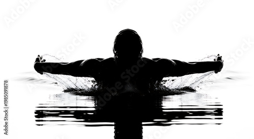 A silhouette of a man stretching his arms out in a body of water