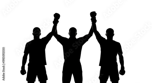 A black silhouette of three men in a triumphant pose with dumbbells