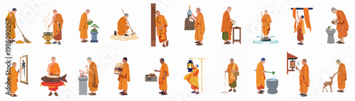 Set of Buddhist Monk Illustrations Performing Daily Rituals and Activities, Isolated on White Background