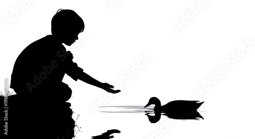 A silhouette of a boy feeding a duck in a serene and peaceful environment
