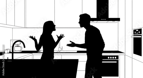 A black and white vector illustration of a couple arguing in a modern kitchen