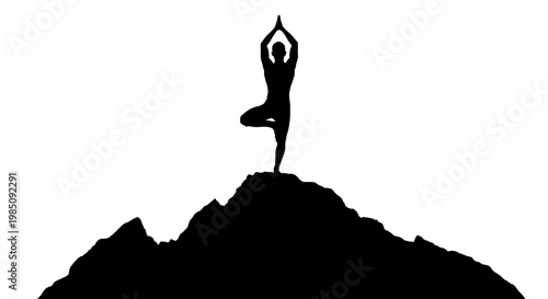 A serene silhouette of a woman practicing yoga on a mountain peak