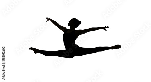 A silhouette of a dancer in mid-air, performing a graceful leap with outstretched arms and legs.