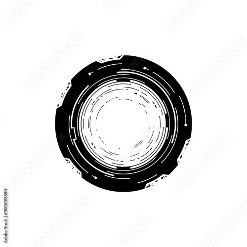 Abstract black and white circular graphic with futuristic digital patterns, evoking a modern data visualization or a tech-inspired orbital sensor design