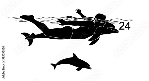 A black silhouette vector graphic of a mermaid swimming with dolphins underwater