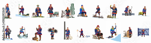 Collection of Vector Illustrations Depicting Sami People in Traditional Clothing and Engaging in Cultural Activities, Isolated on White Background