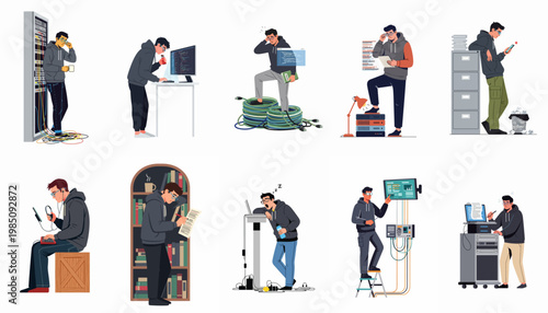 Illustrations of a programmer and system administrator experiencing various work situations, challenges, and daily tasks in a modern technology environment.