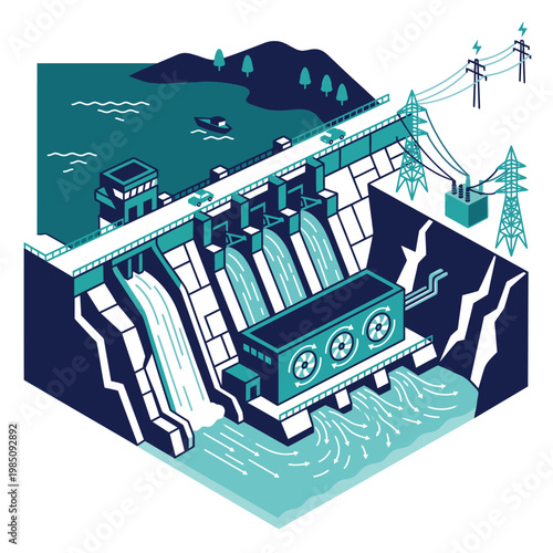 Hydroelectric dam producing renewable energy from river water flow, vector illustration.