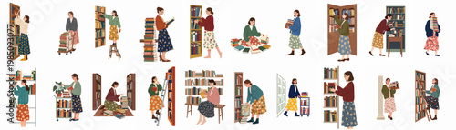 A collection of flat vector illustrations depicting women engaged in various activities within a library, including reading, shelving, and organizing books.