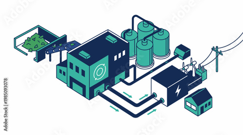 Waste to energy plant processing biomass into electricity for homes, vector illustration.