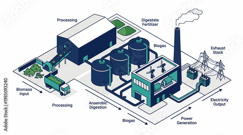 Biogas plant facility processing agricultural waste into renewable power, vector illustration.