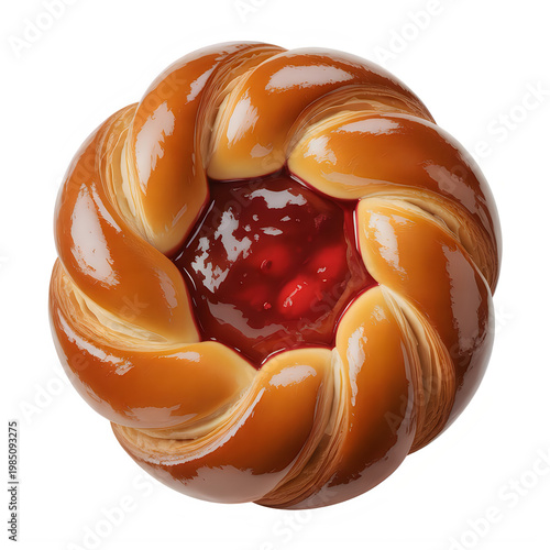 Golden braided pastry with red jam filling isolated on a transparent background danish
