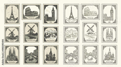 A collection of vintage-style postage stamps featuring iconic landmarks from various European cities and countries.
