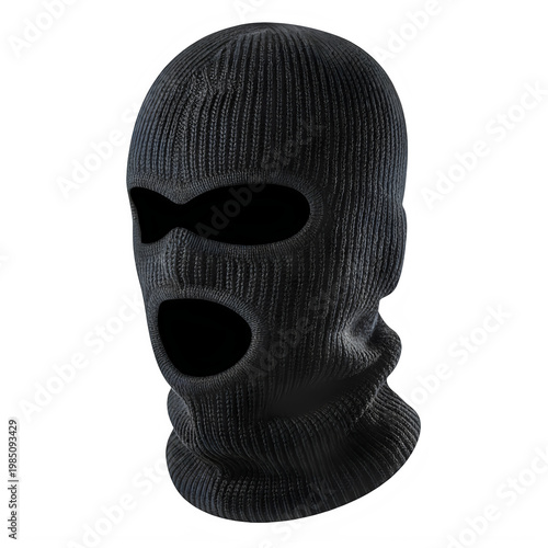 Knitted black balaclava mask with three holes isolated on a transparent background