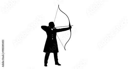 A black silhouette of a man in a suit holding a bow and arrow