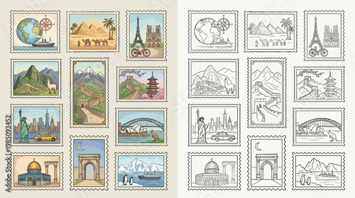 Collection of colorful postage stamps featuring famous world landmarks and travel scenes, alongside their black and white outlines.