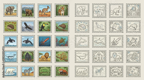 Collection of colorful postage stamps featuring various animals alongside their black and white sketch counterparts.