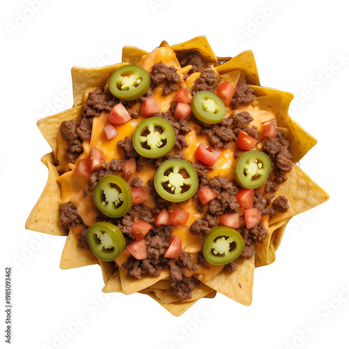 Nachos with ground beef cheese and jalapenos isolated on a transparent background