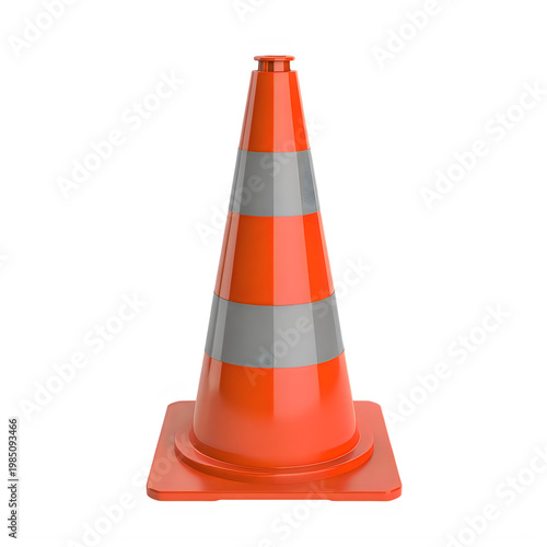 Orange traffic cone with reflective stripes isolated on a transparent background