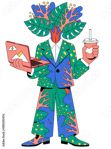 Surreal Professional Businessman with Monstera Head and Coral Pattern Suit Illustration